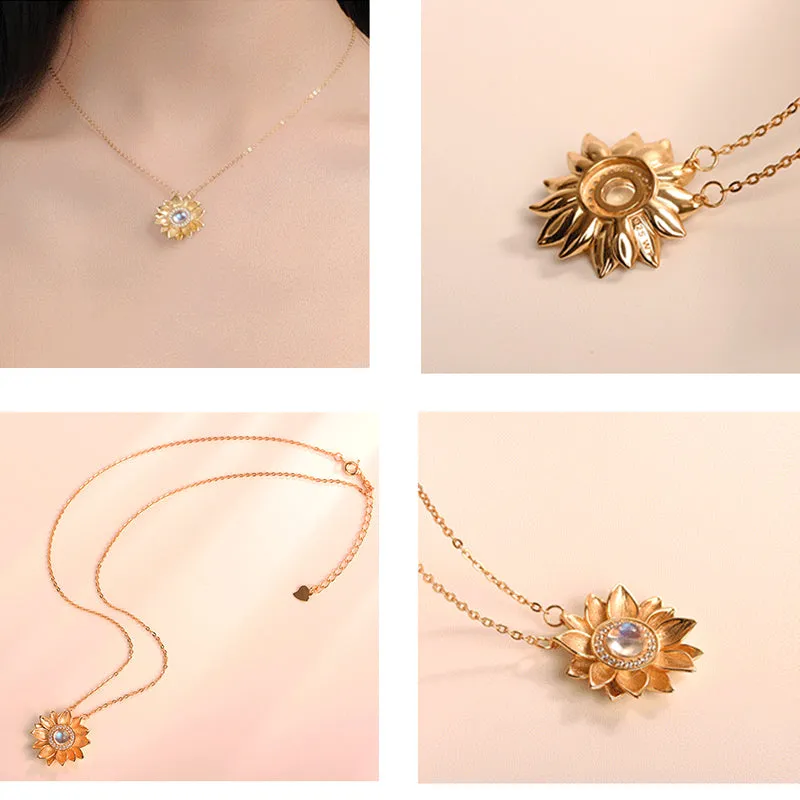18K Gold Plated Silver Flower Moonstone Pendants Necklace June Birthstone for Women