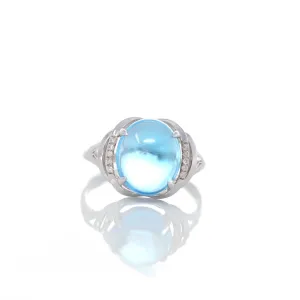 18k White Gold Genuine Swiss Blue Topaz Ring with Diamonds