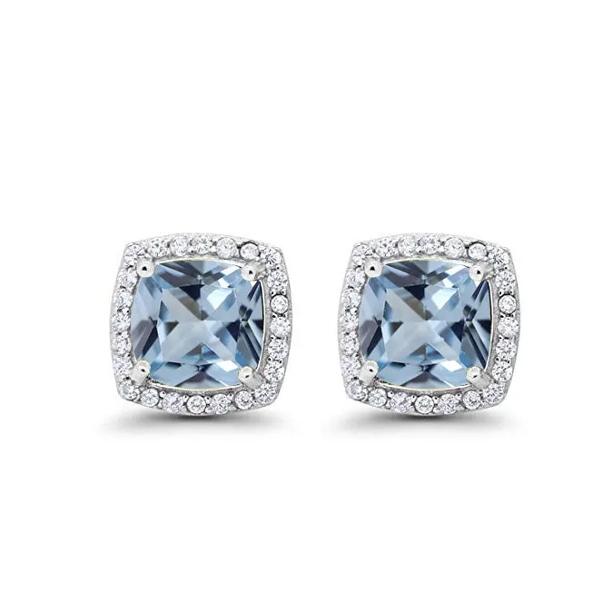 18k White Gold Plated 1 Ct Created Halo Princess Cut Aquamarine Stud Earrings