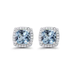 18k White Gold Plated 1 Ct Created Halo Princess Cut Aquamarine Stud Earrings