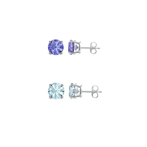 18k White Gold Plated 3Ct Created Tanzanite and Aquamarine 2 Pair Round Stud Earrings