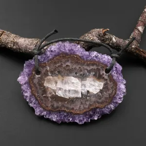 2 Hole Pendant Natural Amethyst Stalactite Flower Pendant Flat Slice Freeform One of a Kind P0112