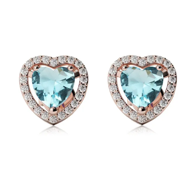 24k Rose Gold Plated 3 Ct Created Halo Heart Aquamarine Stud Earrings