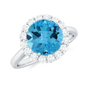 2.50 CT Swiss Blue Topaz Solitaire Ring with Halo Moissanite