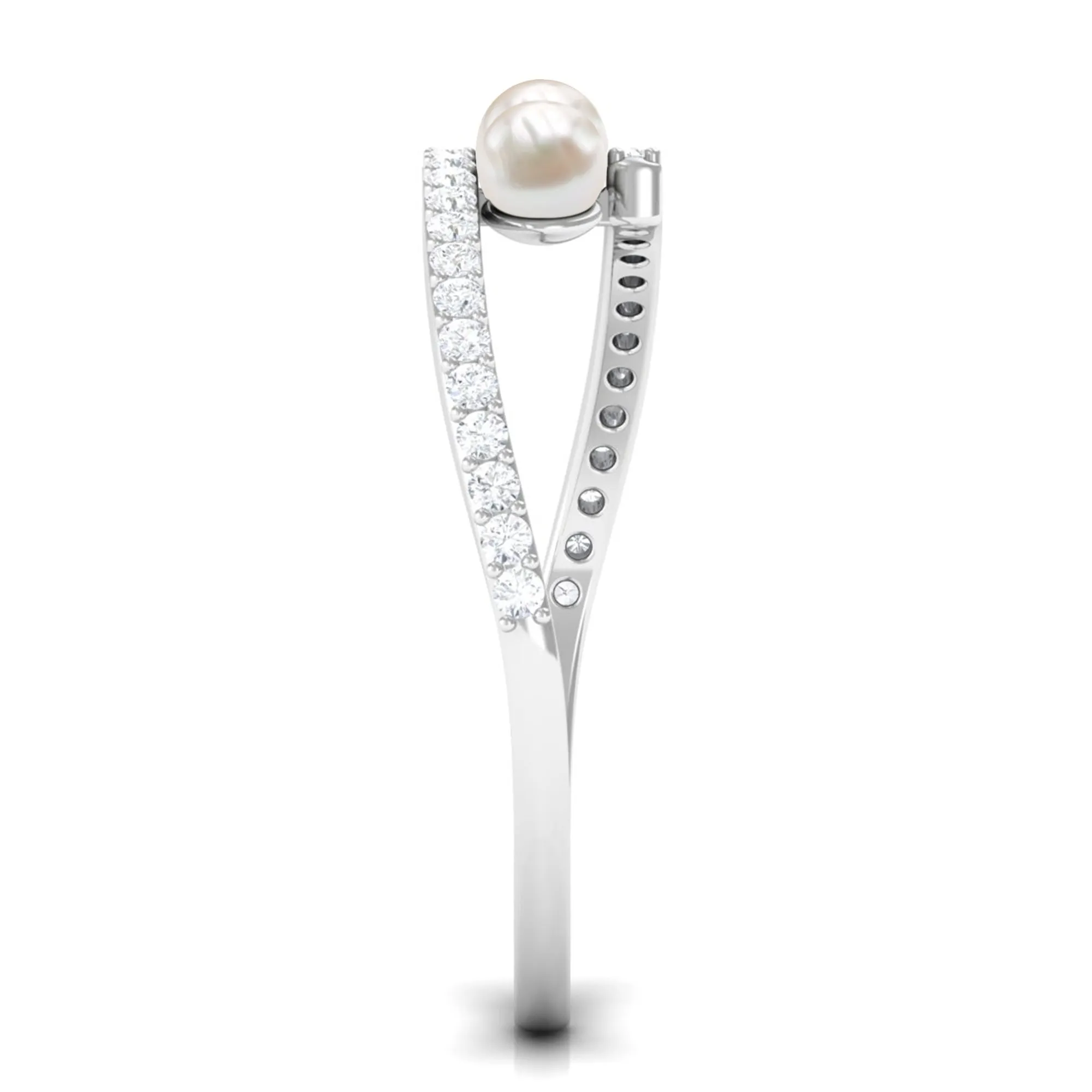 3/4 CT Three Stone Freshwater Pearl Bypass Ring with Diamond