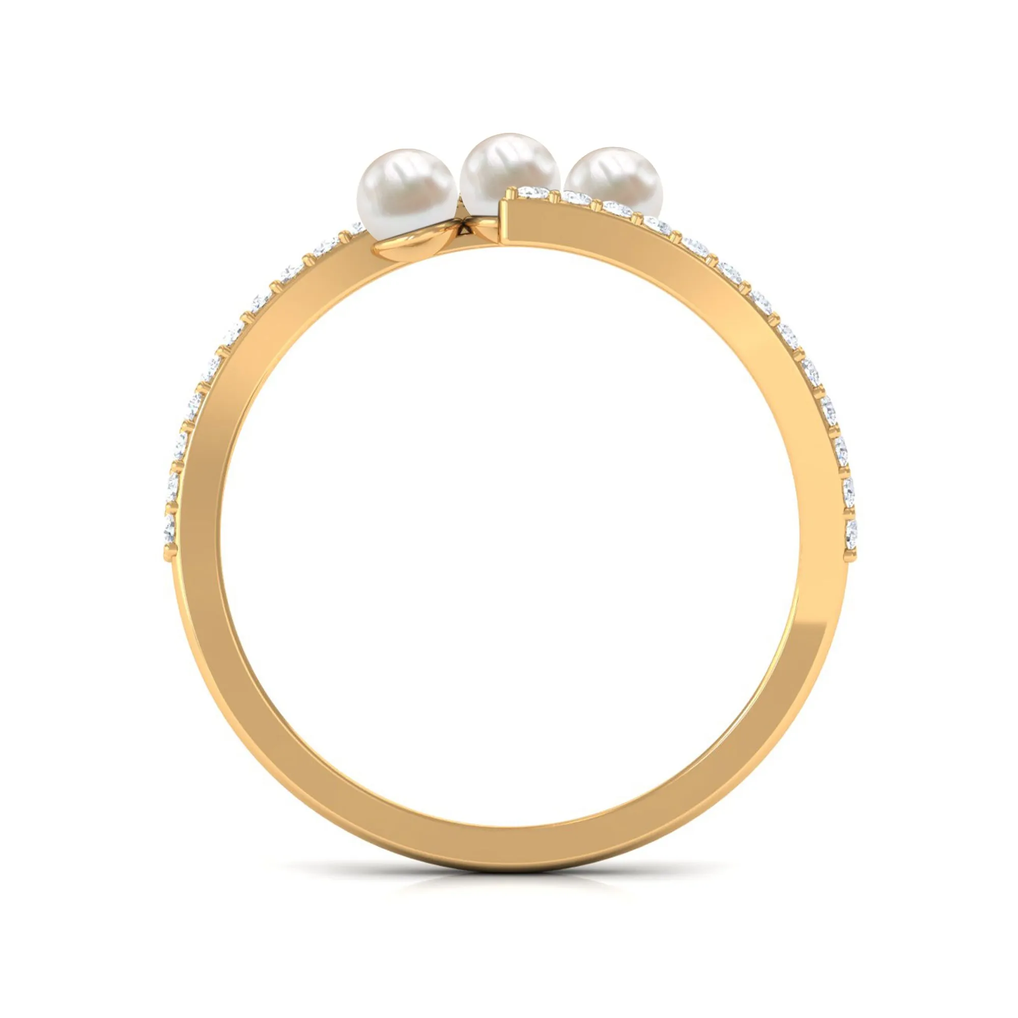 3/4 CT Three Stone Freshwater Pearl Bypass Ring with Diamond