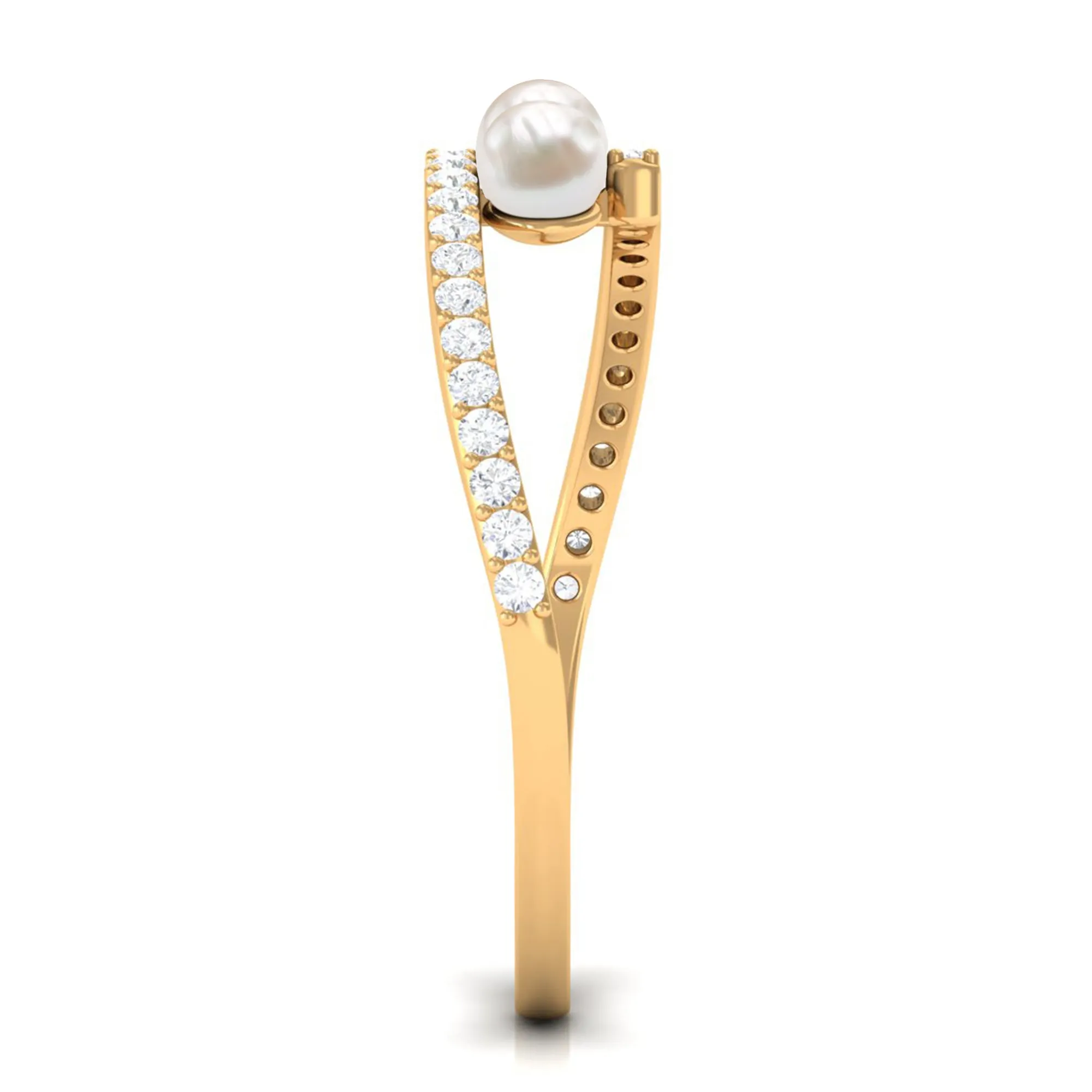 3/4 CT Three Stone Freshwater Pearl Bypass Ring with Diamond