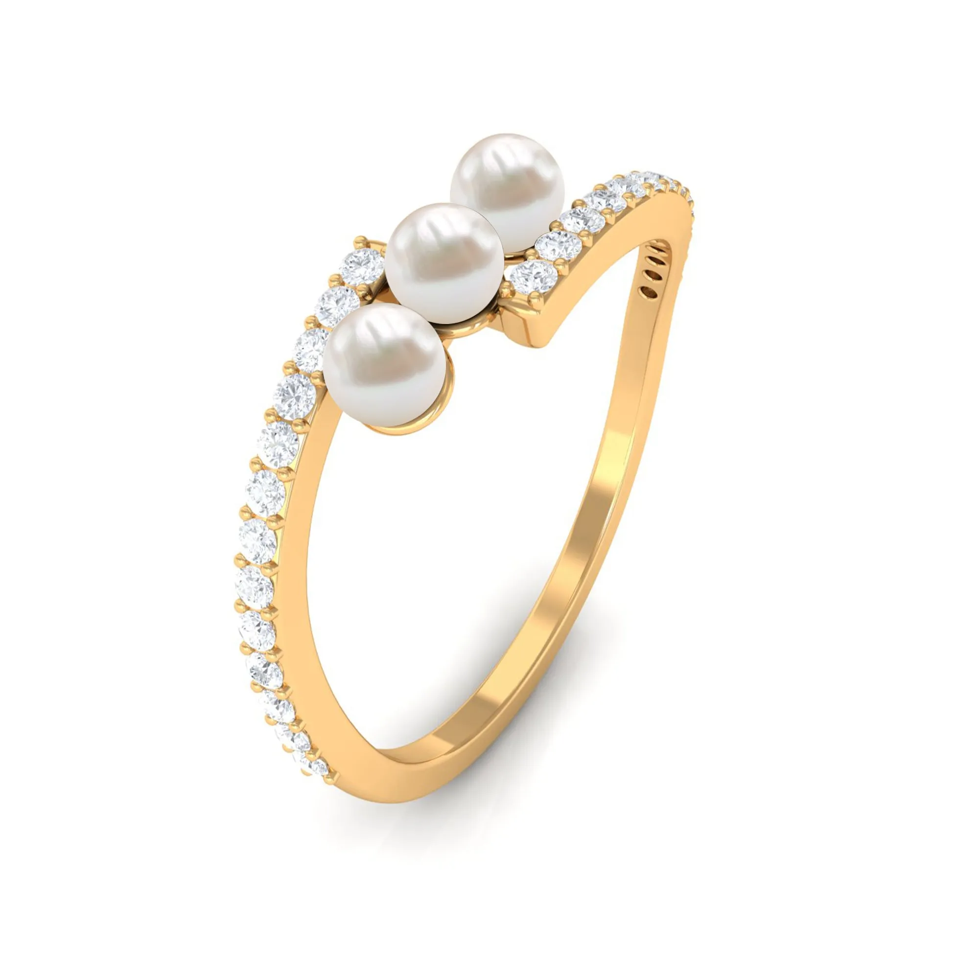 3/4 CT Three Stone Freshwater Pearl Bypass Ring with Diamond