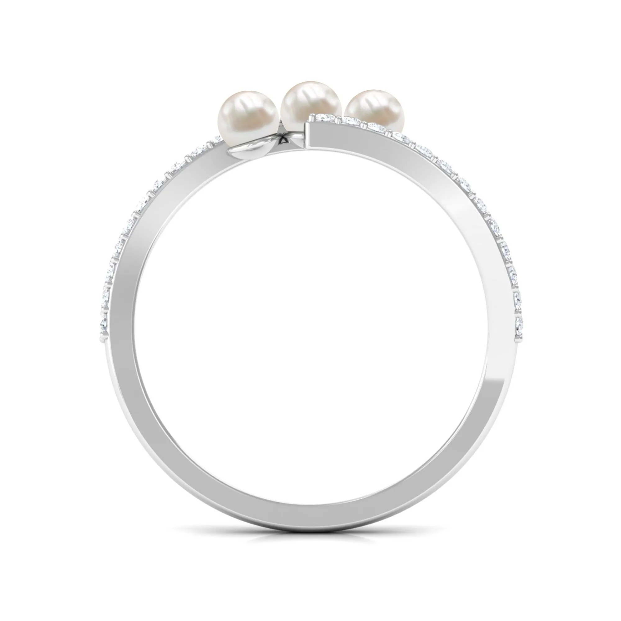 3/4 CT Three Stone Freshwater Pearl Bypass Ring with Diamond
