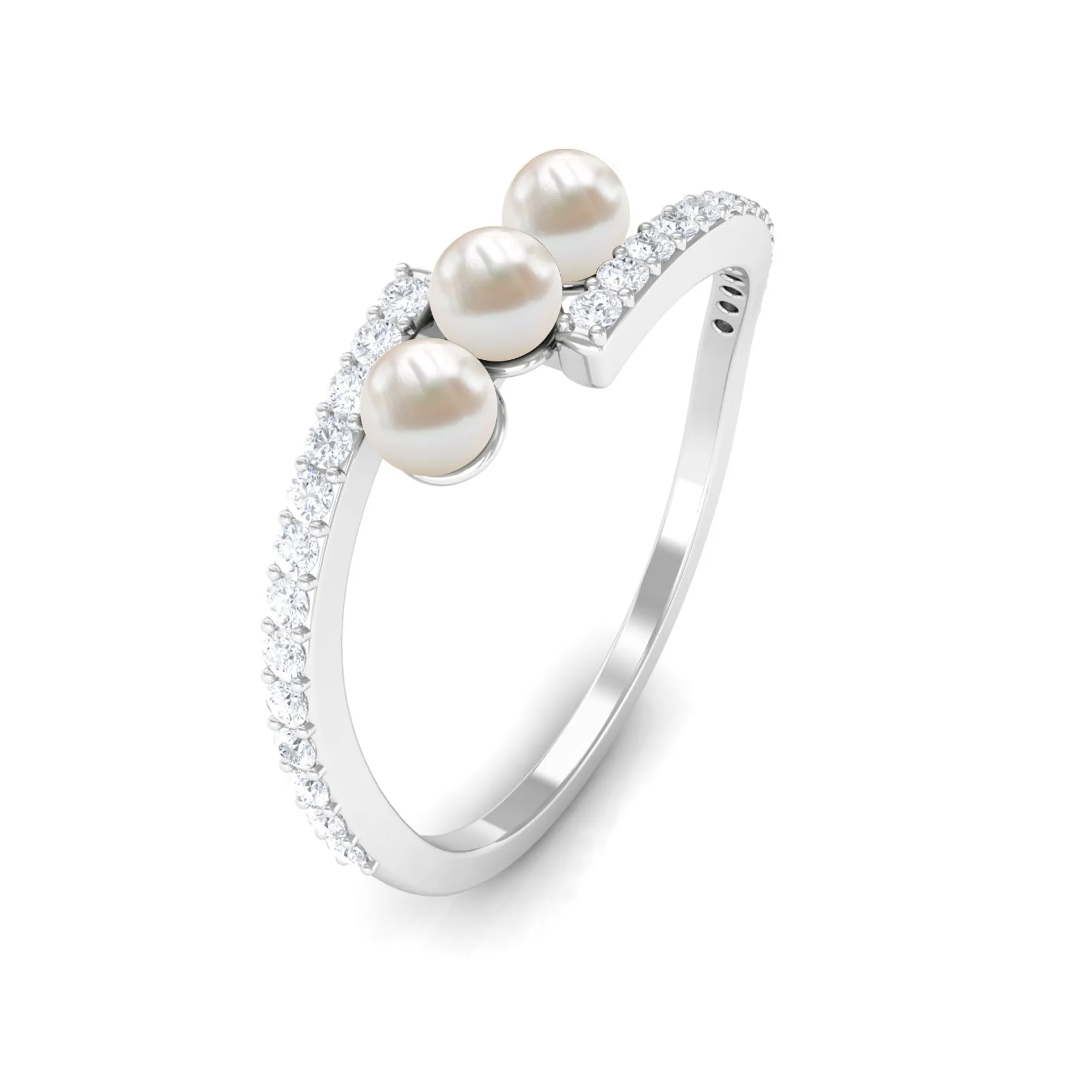 3/4 CT Three Stone Freshwater Pearl Bypass Ring with Diamond