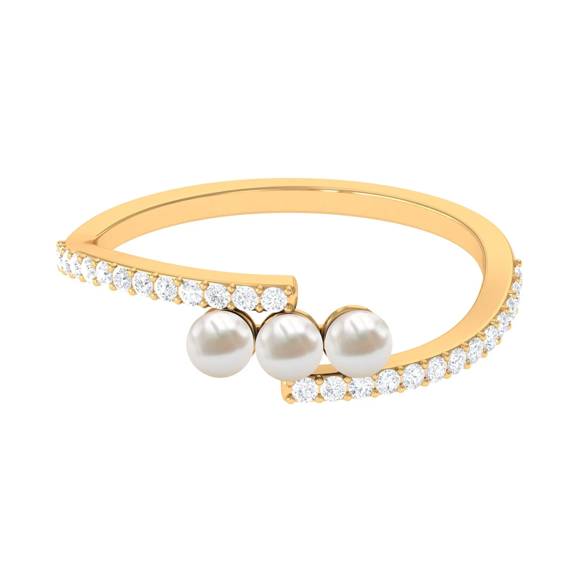 3/4 CT Three Stone Freshwater Pearl Bypass Ring with Diamond