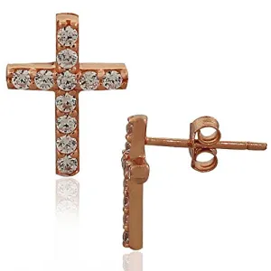 925 Sterling Silver Rose Gold-Tone White CZ Classic Cross Religious Womens Girls Stud Earrings