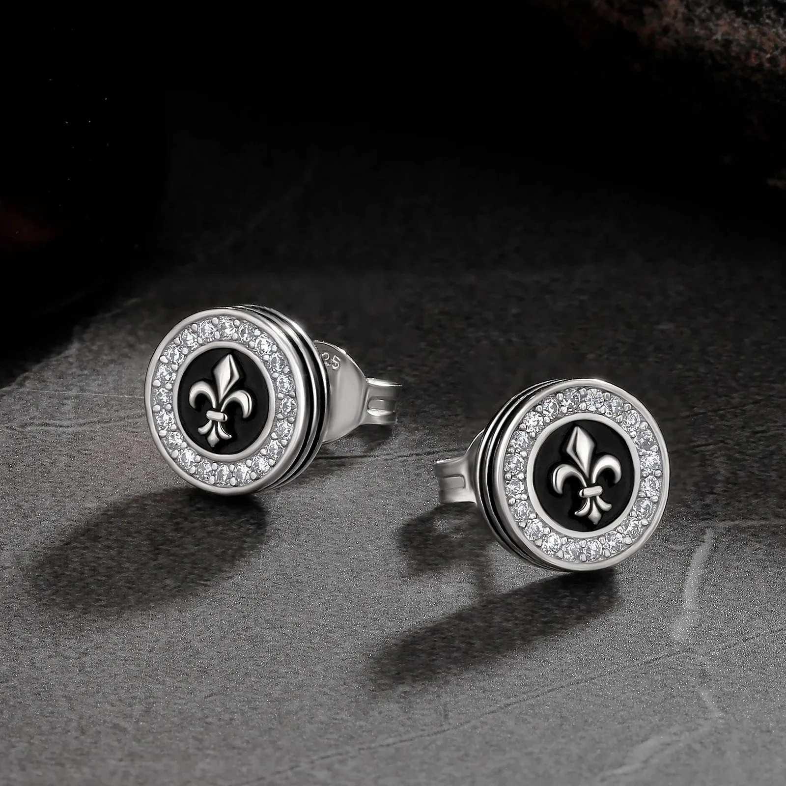 9mm Black Iced Diamond Stud Earrings - Fleur-de-lis Lily flower