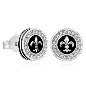 9mm Black Iced Diamond Stud Earrings - Fleur-de-lis Lily flower