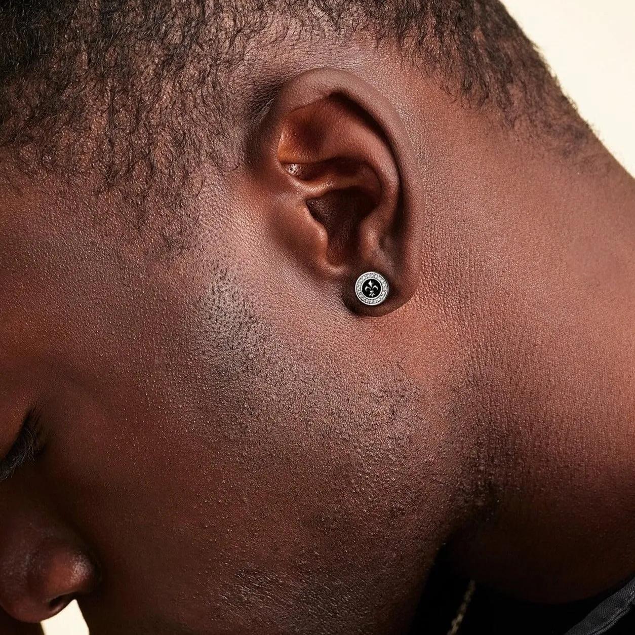9mm Black Iced Diamond Stud Earrings - Fleur-de-lis Lily flower