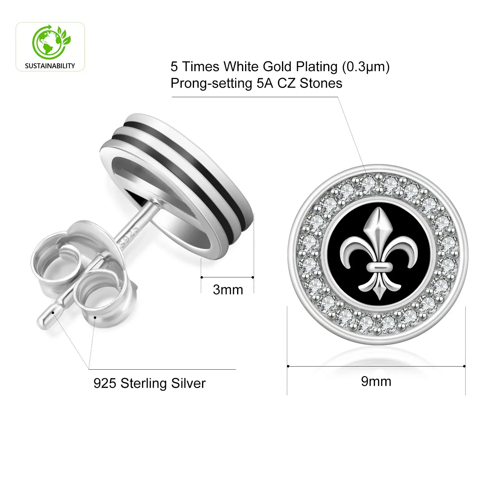 9mm Black Iced Diamond Stud Earrings - Fleur-de-lis Lily flower
