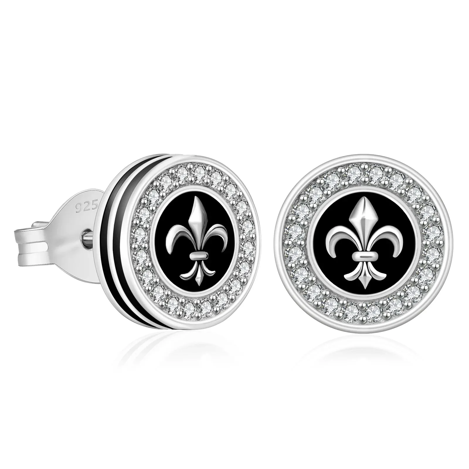 9mm Black Iced Diamond Stud Earrings - Fleur-de-lis Lily flower