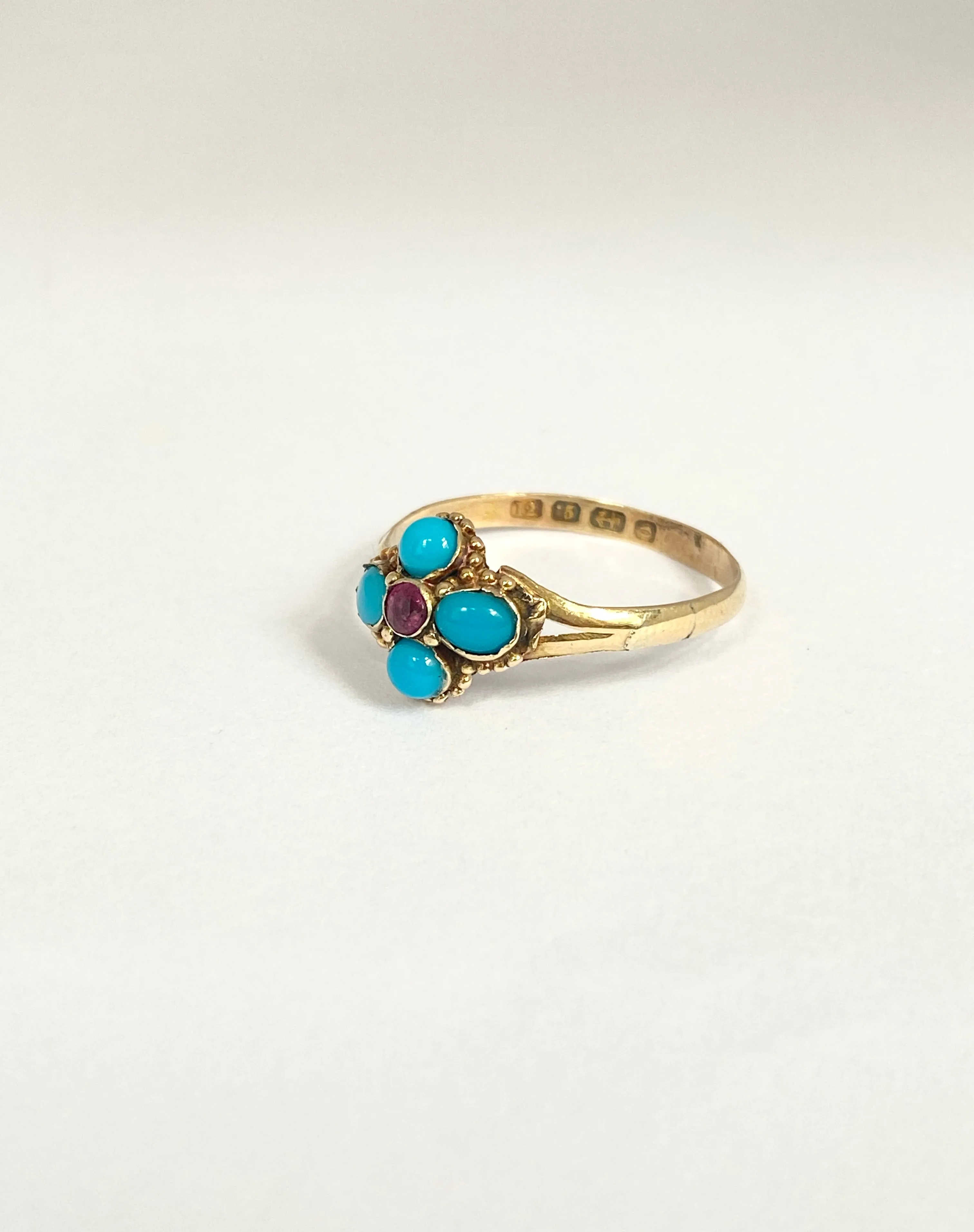 Antique, Victorian, 12ct Gold Turquoise and Ruby Flower Ring, Hallmarked 12ct Gold, Birmingham, 1863
