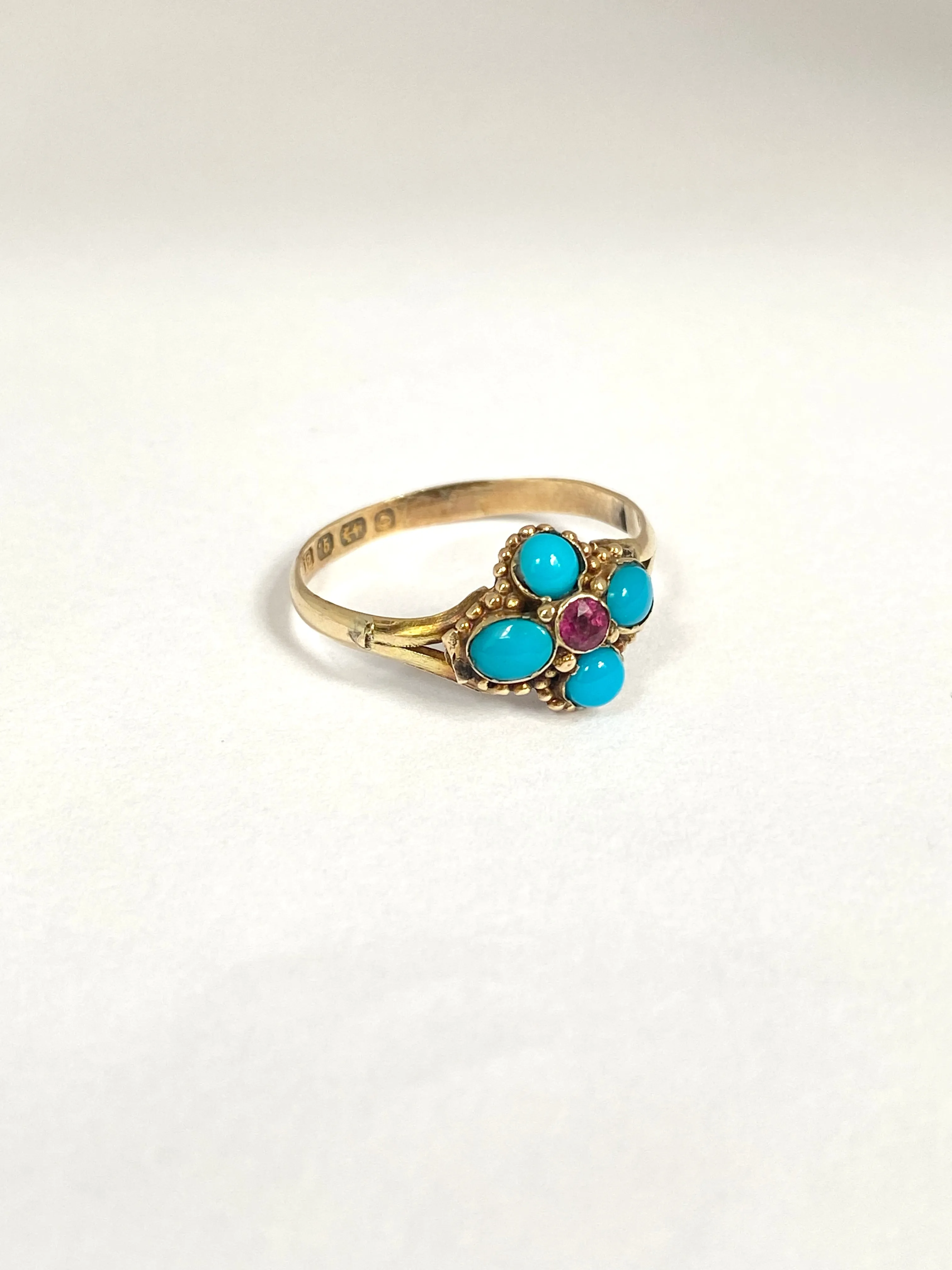 Antique, Victorian, 12ct Gold Turquoise and Ruby Flower Ring, Hallmarked 12ct Gold, Birmingham, 1863