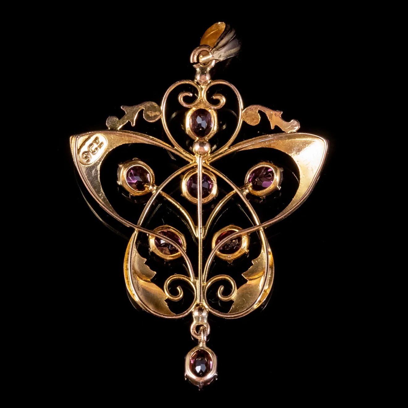 Antique Victorian Art Nouveau Almandine Garnet Pendant 9ct Gold 1.50ct Of Garnet Circa 1890