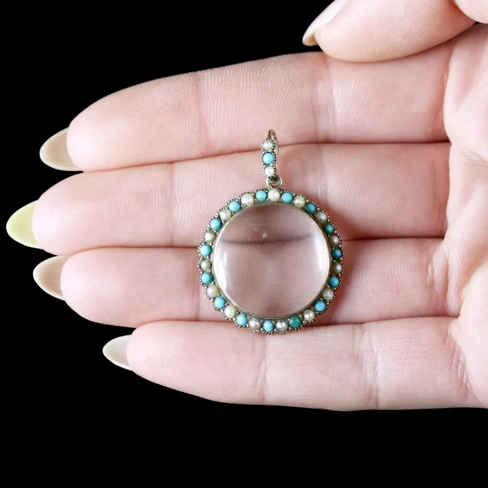 Antique Victorian Crystal Locket 9ct Gold Turquoise Pearl Frame