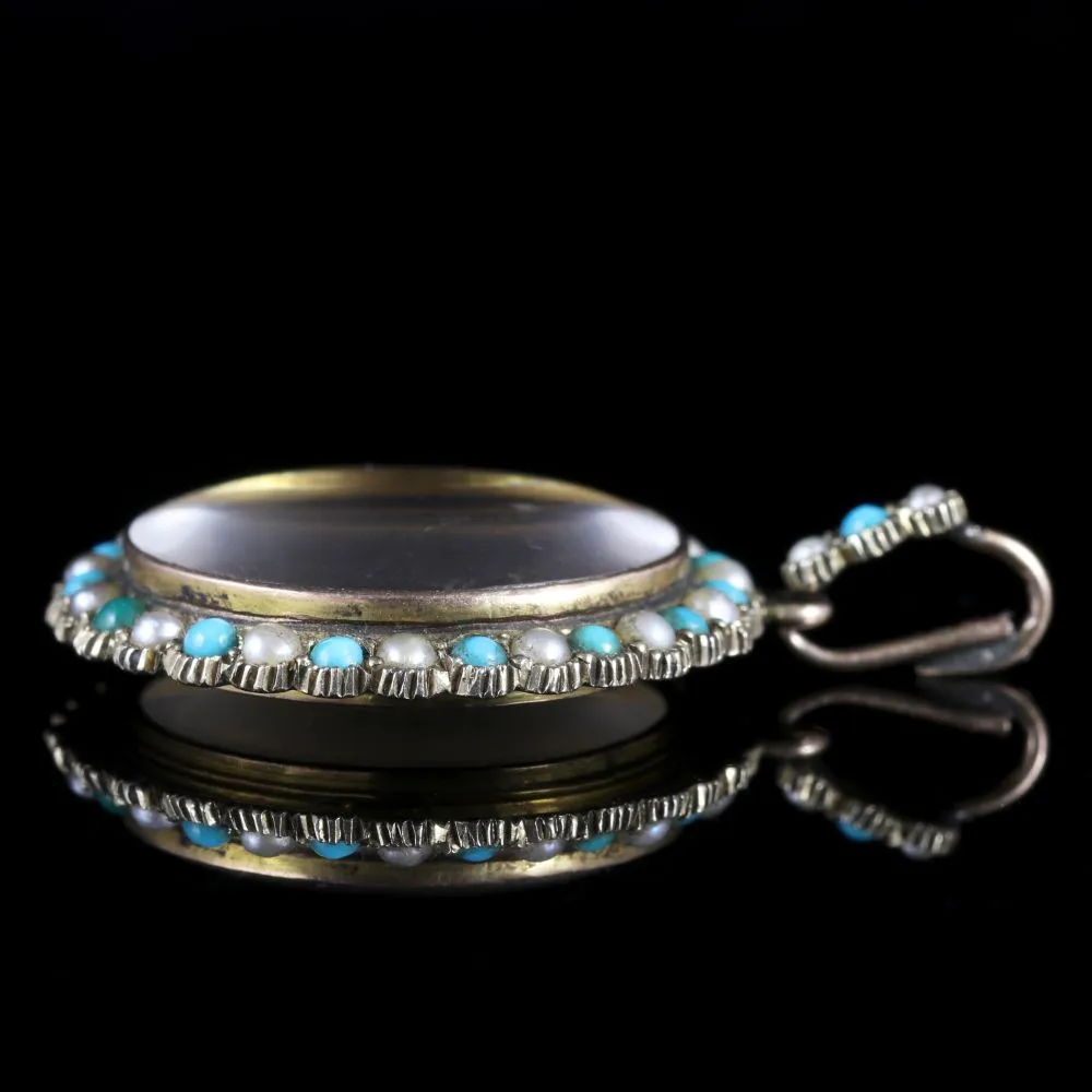 Antique Victorian Crystal Locket 9ct Gold Turquoise Pearl Frame