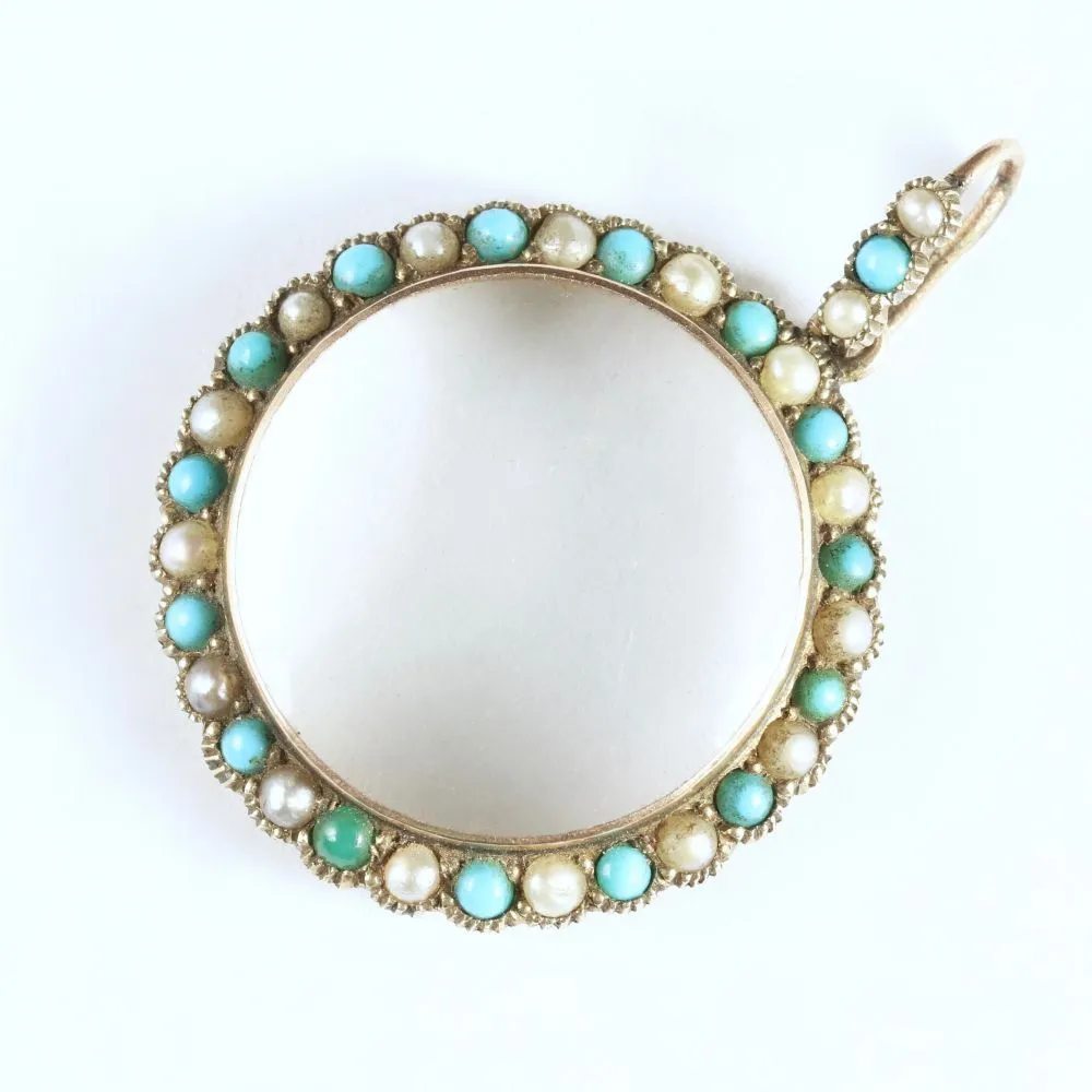 Antique Victorian Crystal Locket 9ct Gold Turquoise Pearl Frame