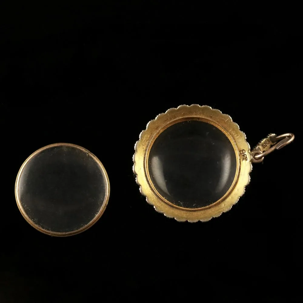 Antique Victorian Crystal Locket 9ct Gold Turquoise Pearl Frame