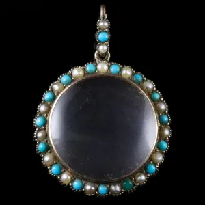 Antique Victorian Crystal Locket 9ct Gold Turquoise Pearl Frame
