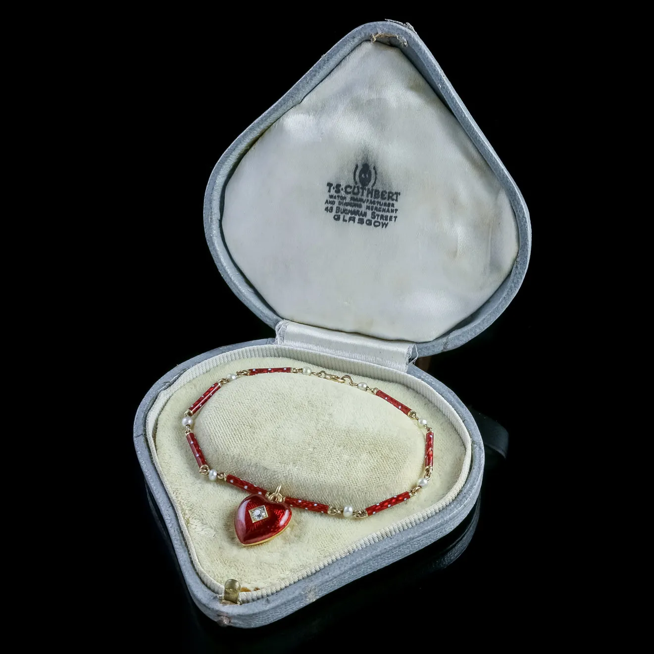Antique Victorian Diamond Red Enamel Heart Charm Bracelet Circa 1900 Boxed