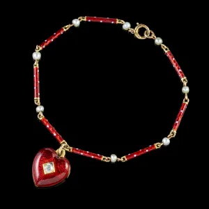 Antique Victorian Diamond Red Enamel Heart Charm Bracelet Circa 1900 Boxed