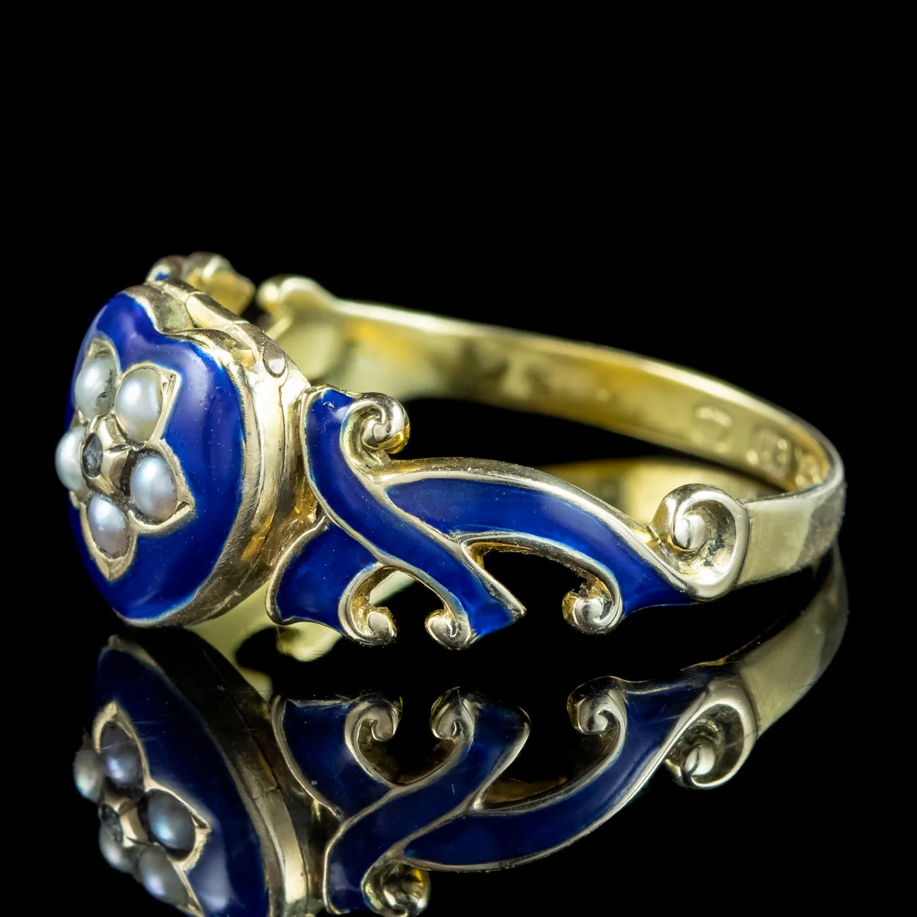 Antique Victorian Enamel Pearl Mourning Heart Ring With Locket Dated 1866