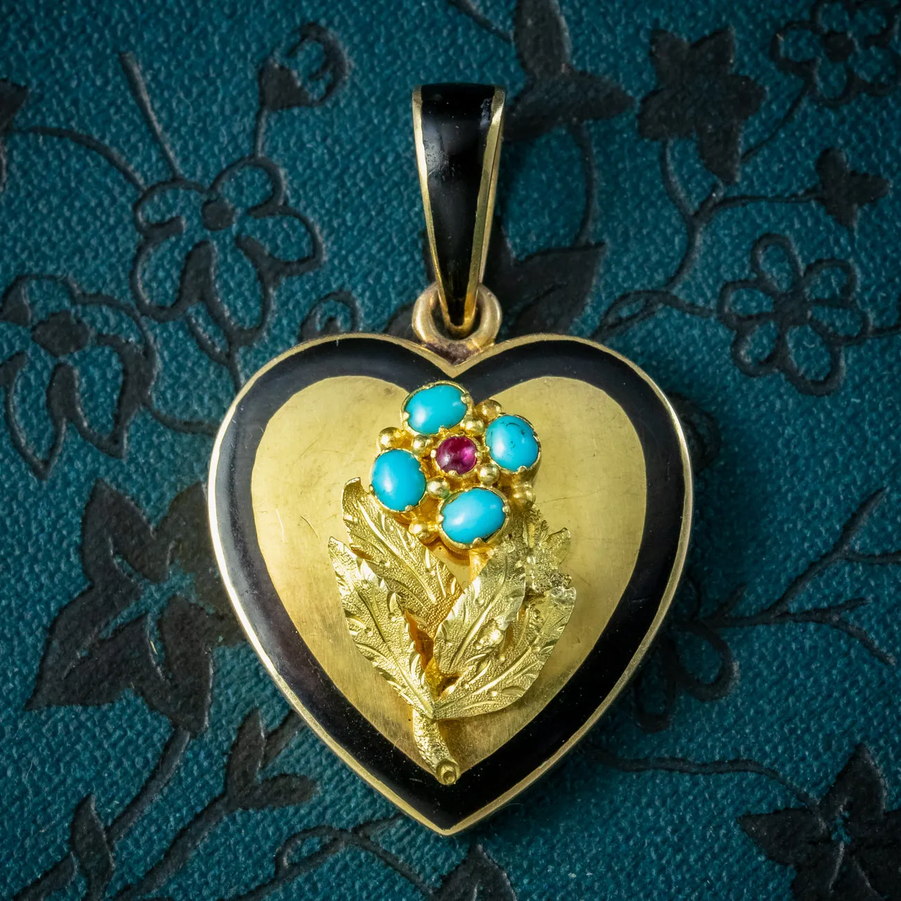 Antique Victorian Heart Locket Turquoise Ruby Forget Me Not 18ct Gold