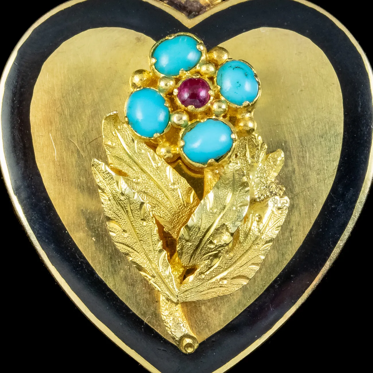Antique Victorian Heart Locket Turquoise Ruby Forget Me Not 18ct Gold