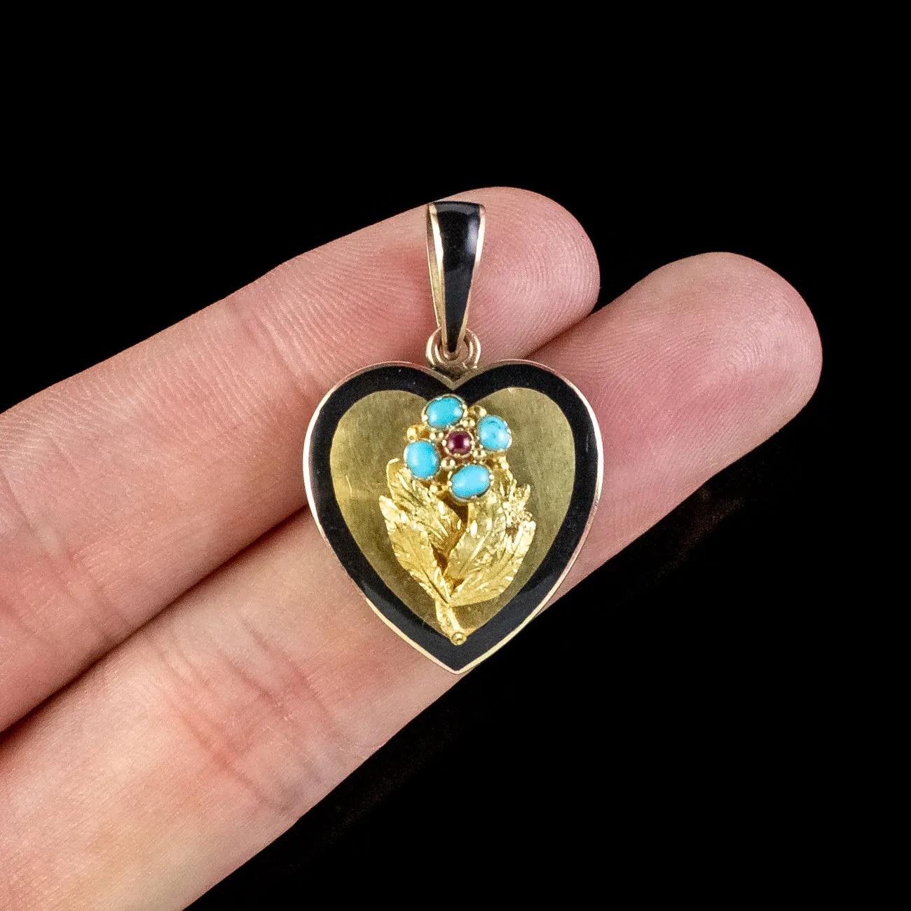 Antique Victorian Heart Locket Turquoise Ruby Forget Me Not 18ct Gold