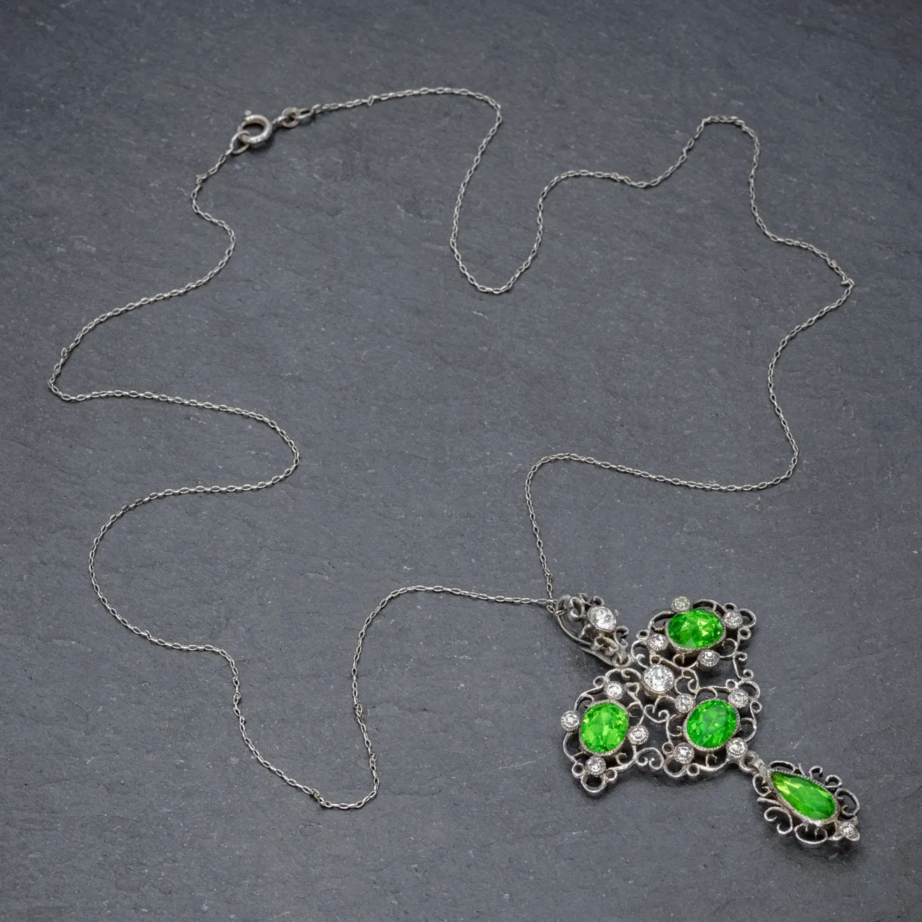 Antique Victorian Pendant Necklace Green Paste Stone Silver Circa 1900