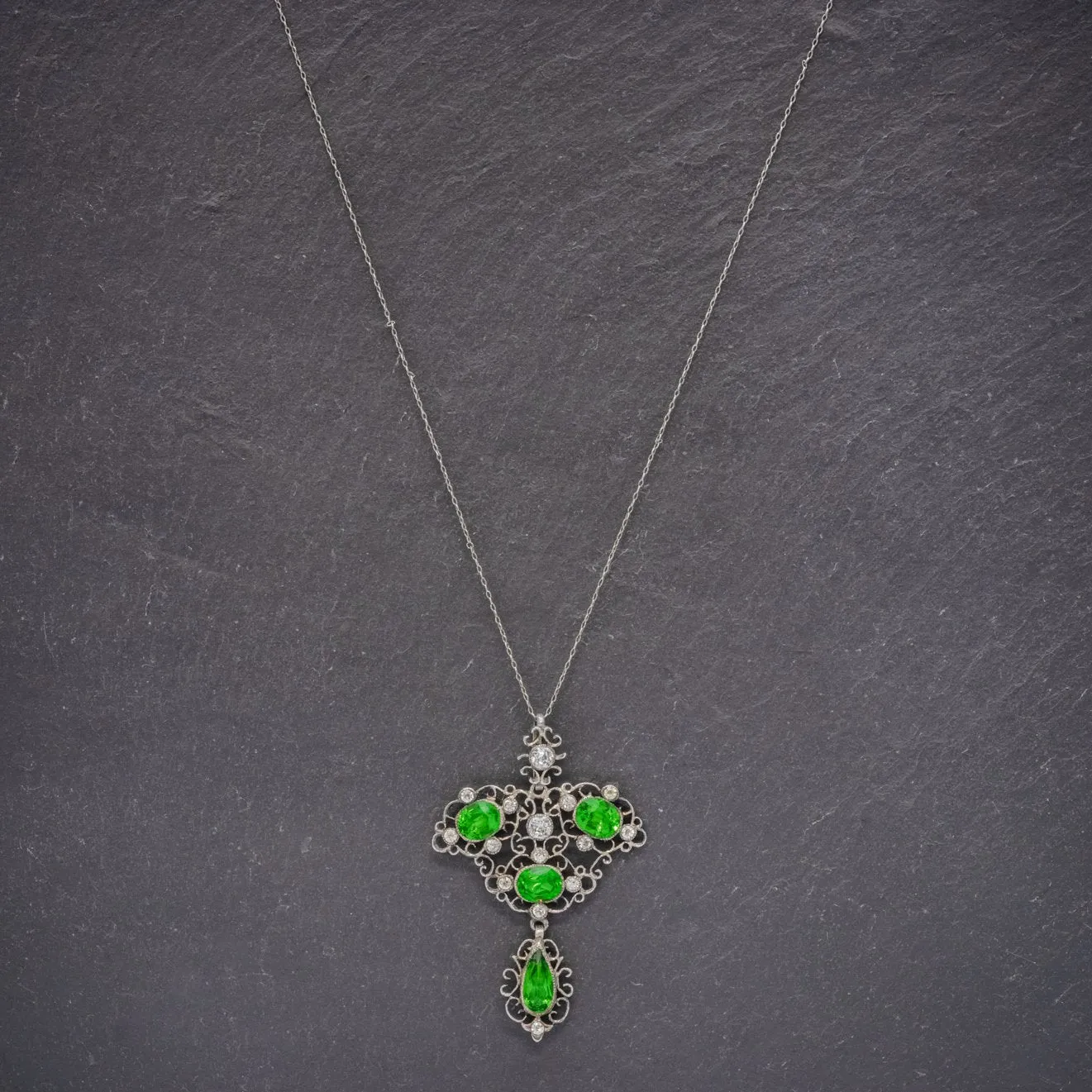 Antique Victorian Pendant Necklace Green Paste Stone Silver Circa 1900