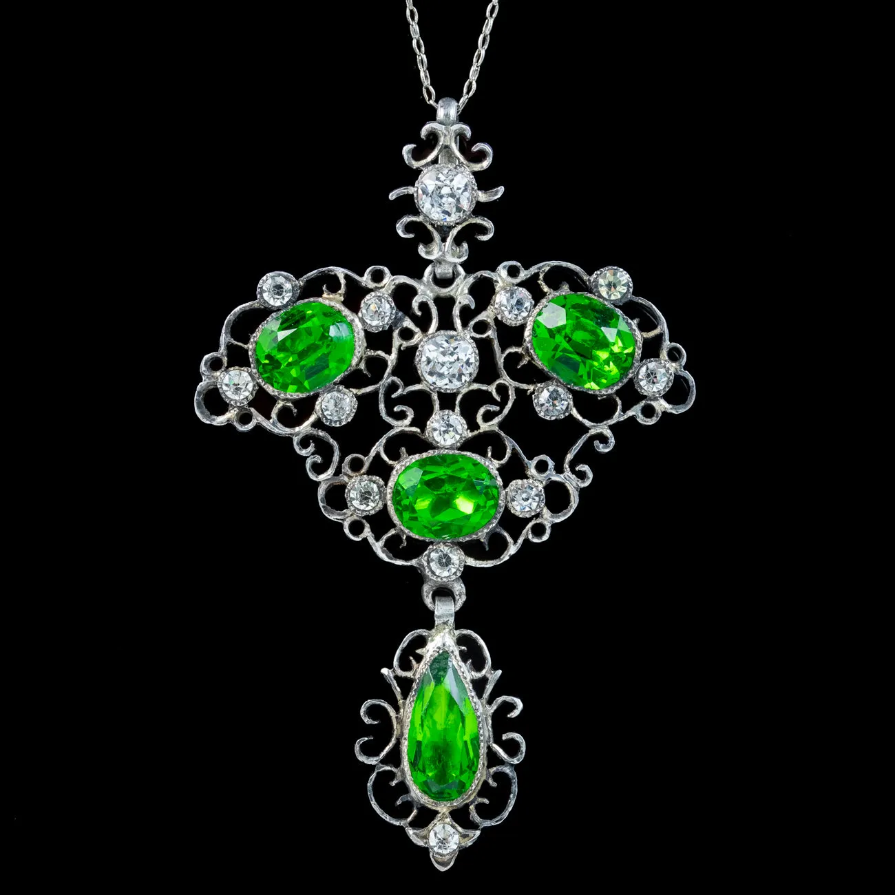 Antique Victorian Pendant Necklace Green Paste Stone Silver Circa 1900