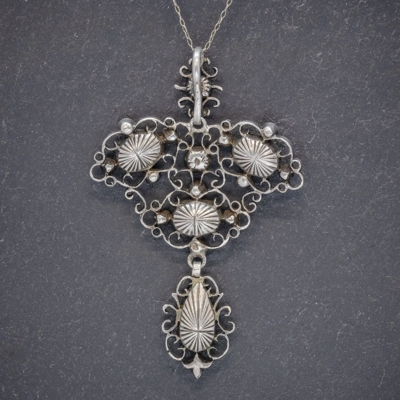 Antique Victorian Pendant Necklace Green Paste Stone Silver Circa 1900