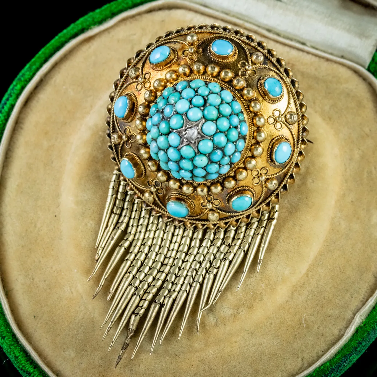 Antique Victorian Turquoise Fringe Brooch Locket 18Ct Gold Circa 1880