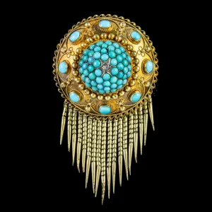 Antique Victorian Turquoise Fringe Brooch Locket 18Ct Gold Circa 1880