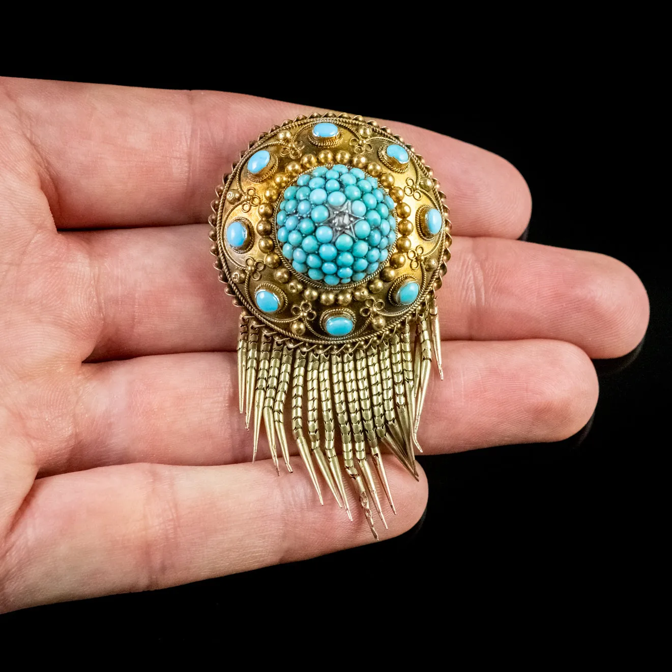 Antique Victorian Turquoise Fringe Brooch Locket 18Ct Gold Circa 1880