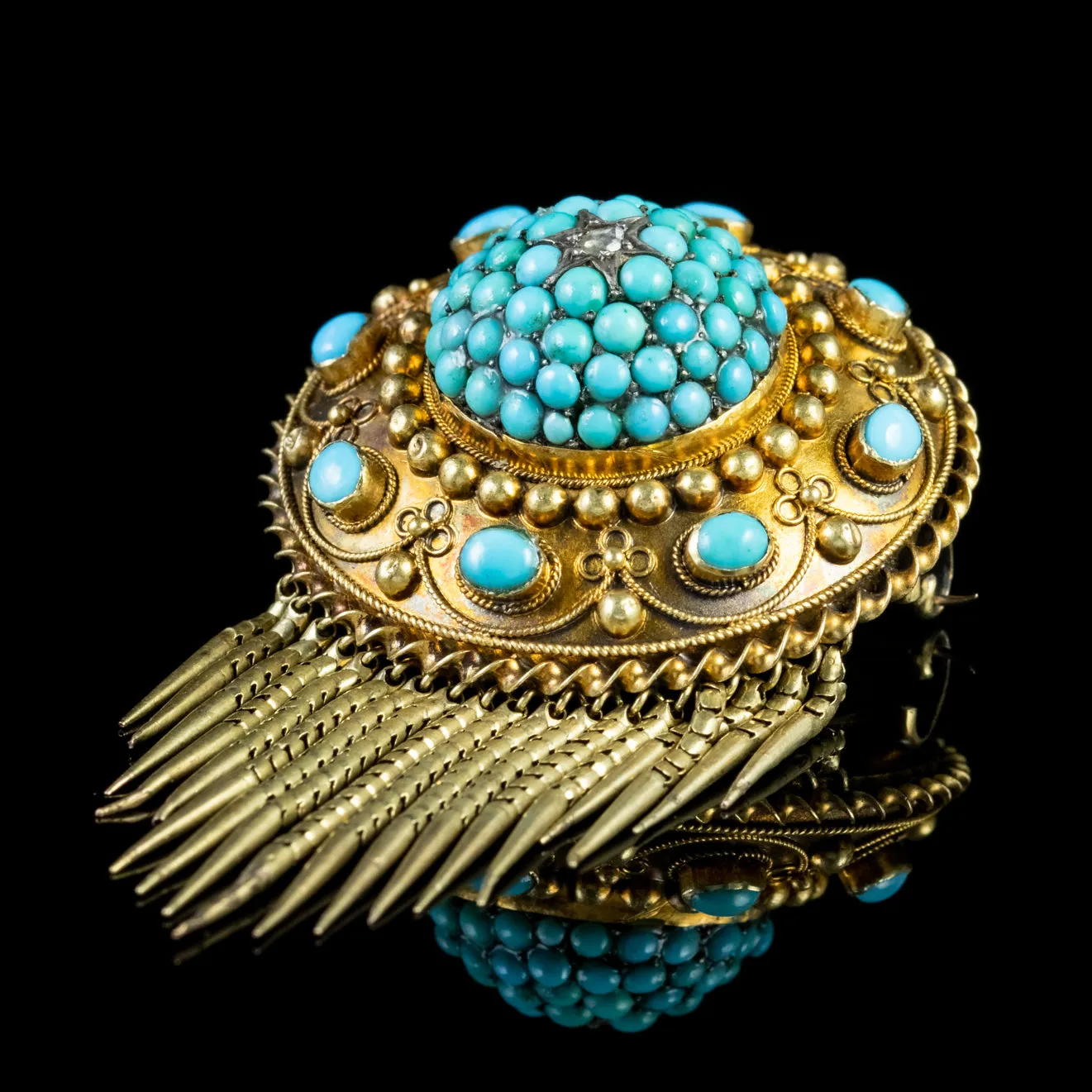 Antique Victorian Turquoise Fringe Brooch Locket 18Ct Gold Circa 1880