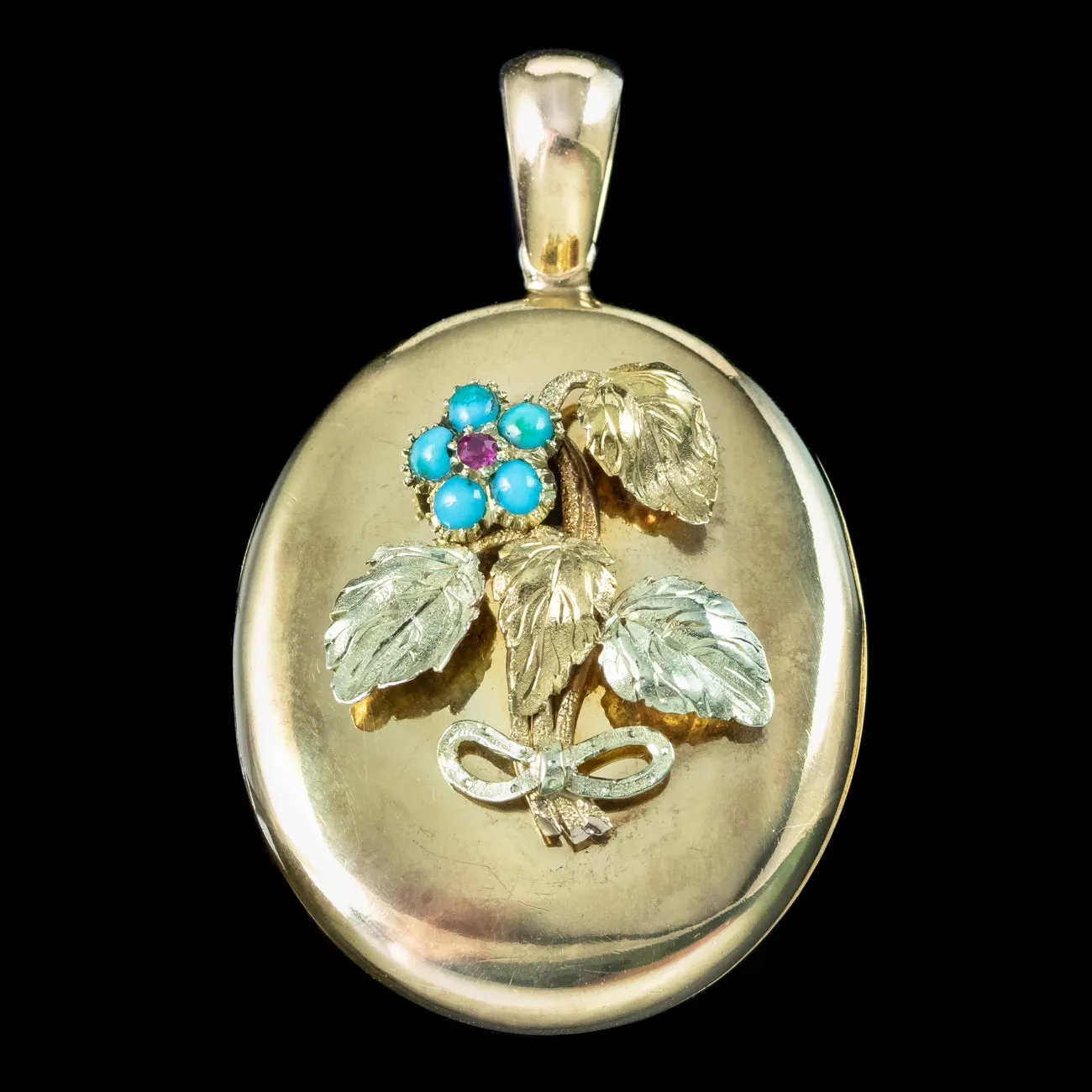 Antique Victorian Turquoise Ruby Forget Me Not Locket 15ct Gold