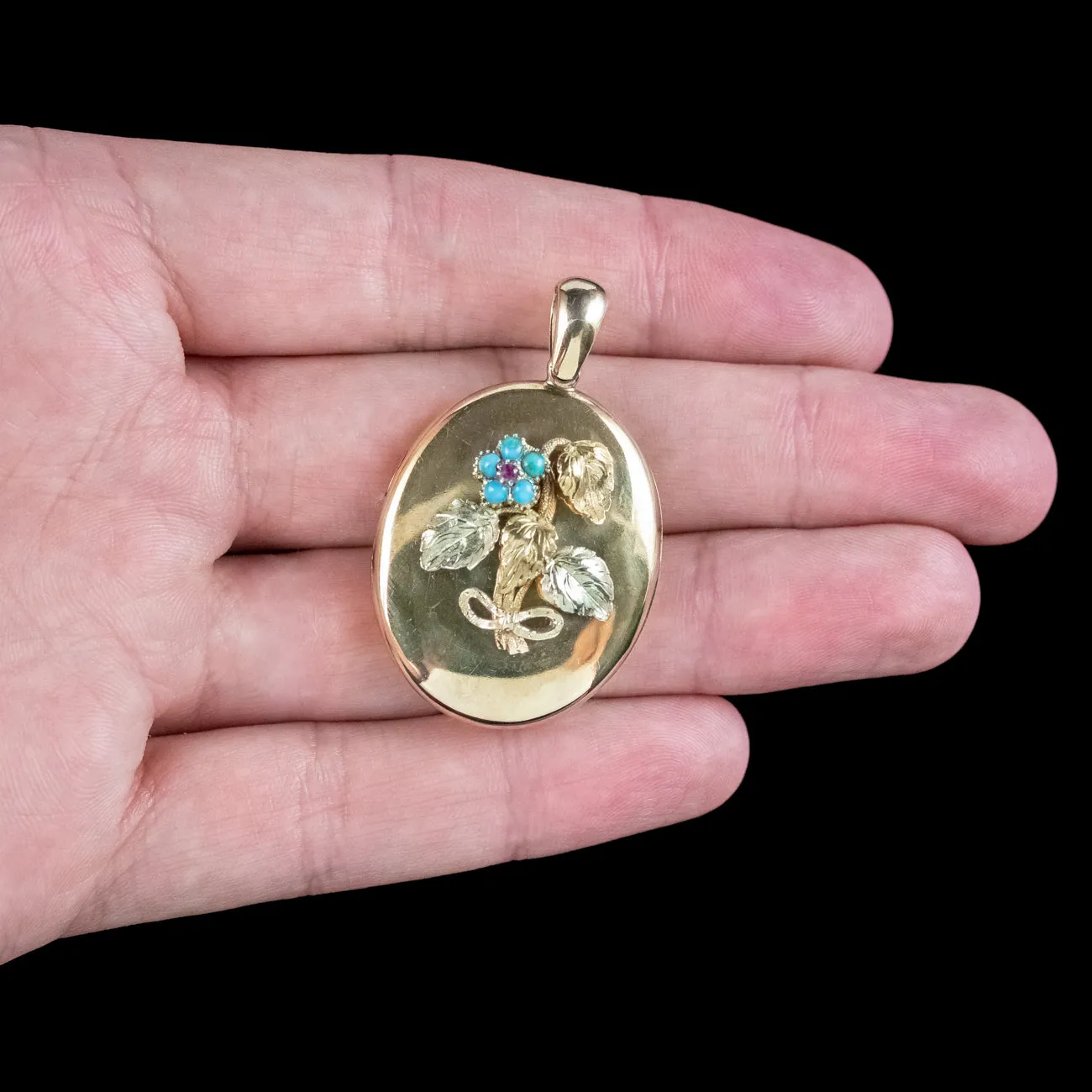 Antique Victorian Turquoise Ruby Forget Me Not Locket 15ct Gold