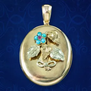 Antique Victorian Turquoise Ruby Forget Me Not Locket 15ct Gold