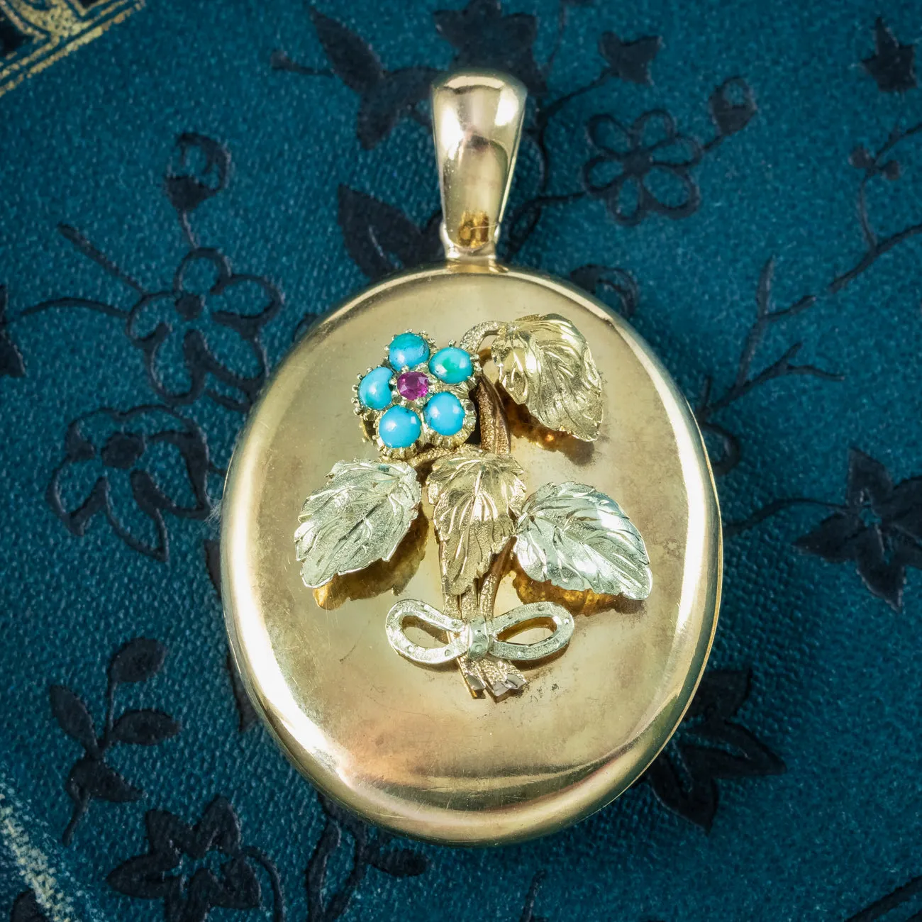 Antique Victorian Turquoise Ruby Forget Me Not Locket 15ct Gold