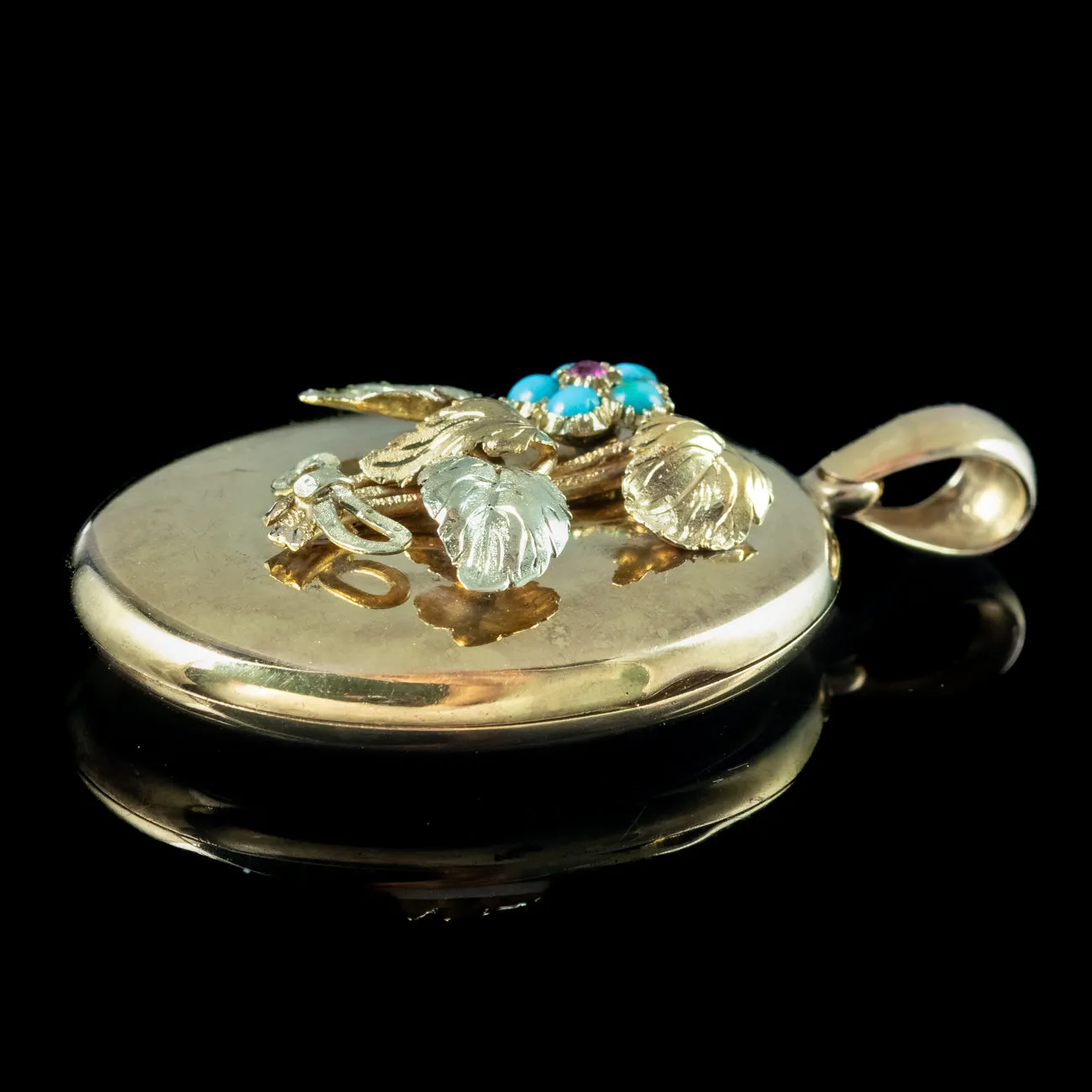 Antique Victorian Turquoise Ruby Forget Me Not Locket 15ct Gold