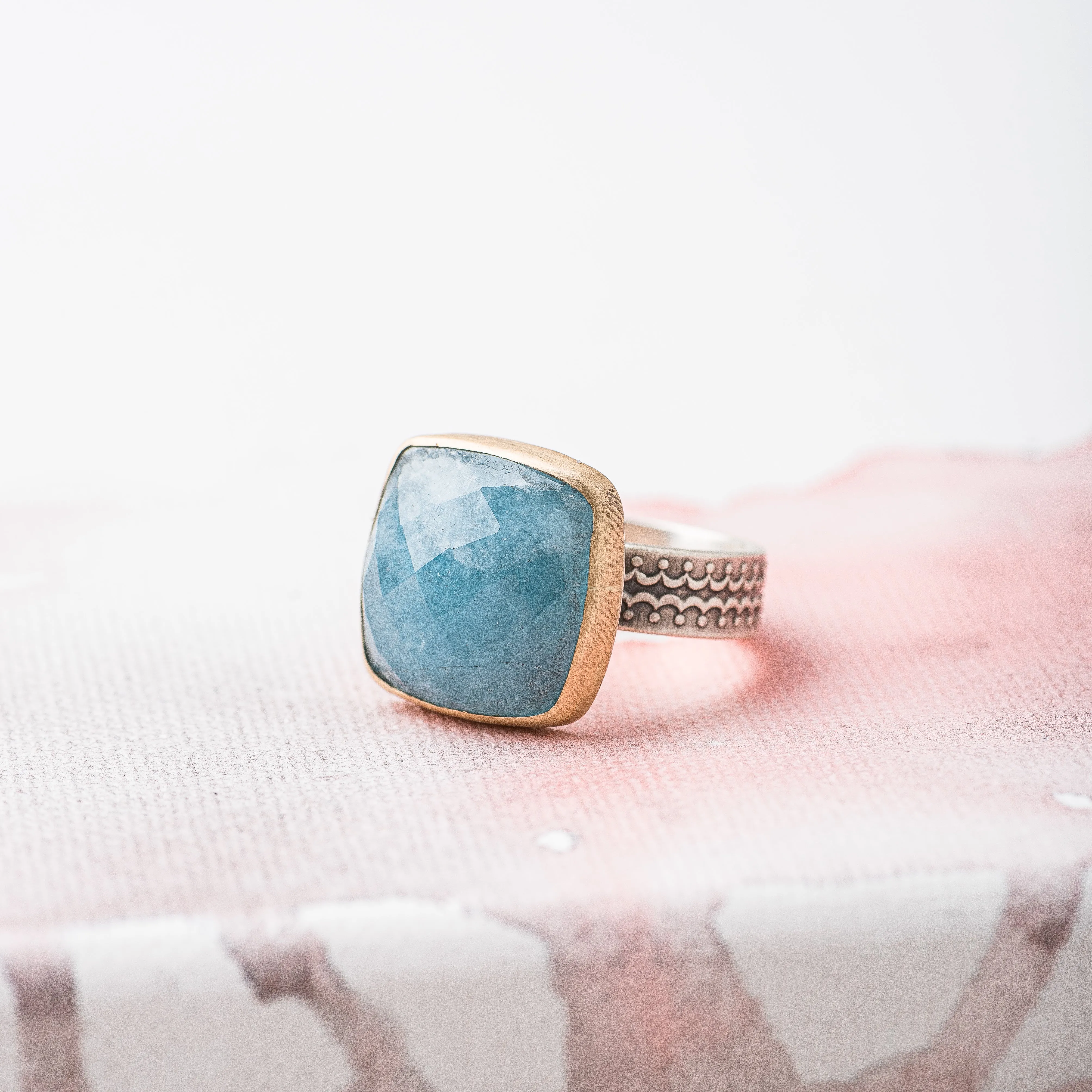 Aquamarine Cushion Statement Ring with 14k Gold Bezel on Scallop Pattern Band
