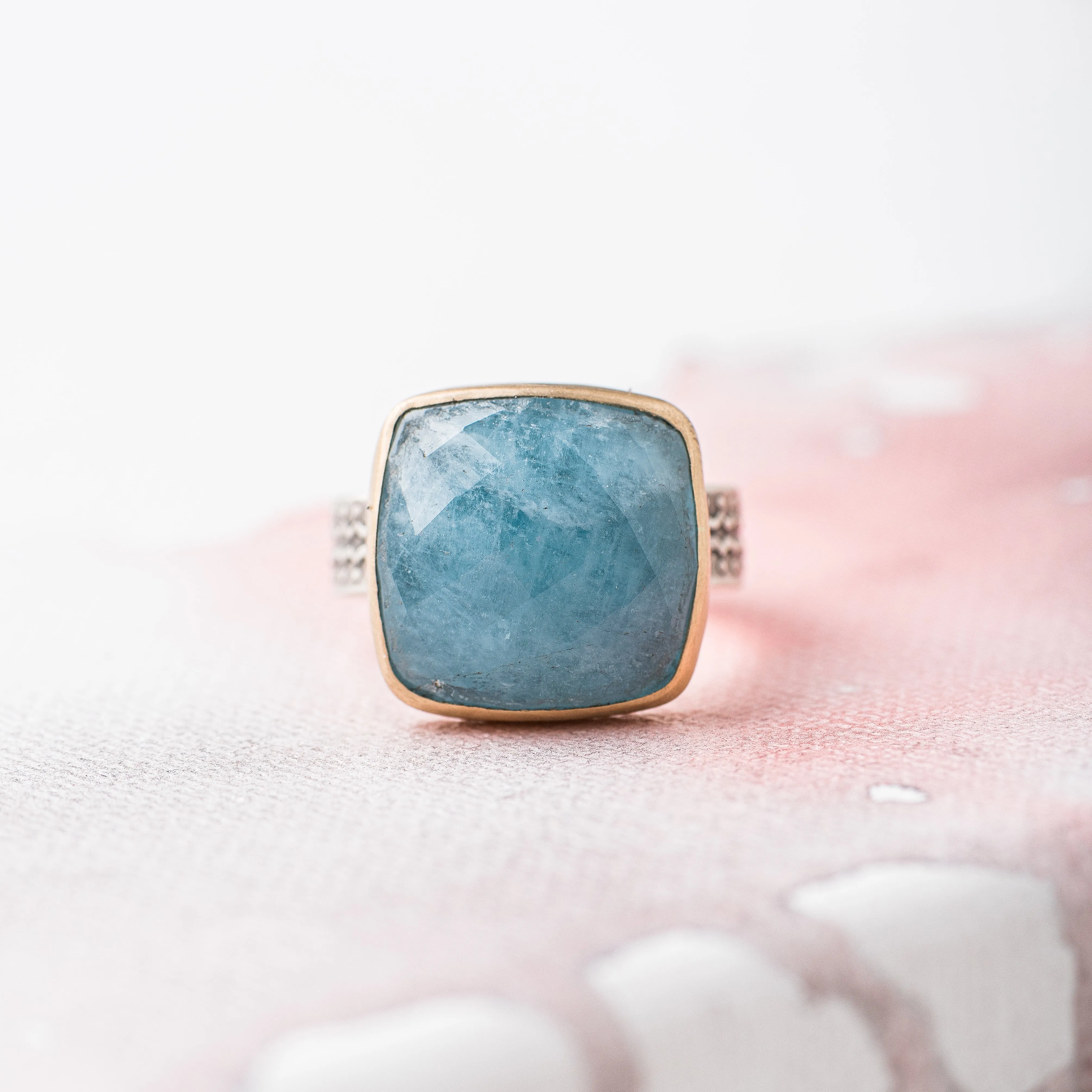 Aquamarine Cushion Statement Ring with 14k Gold Bezel on Scallop Pattern Band